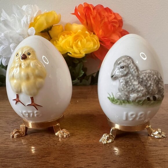 Vintage‎ Goebel Easter Egg Figurines Chick 1978 and Lamb 1981 West Germany Pair - Picture 1 of 8